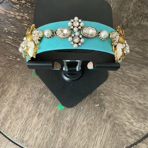 Chunky, Embellished Blue Bejeweled Bee Headband with Gold Accents